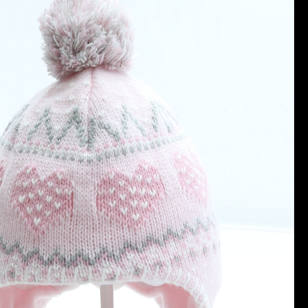 Matalan Girls Pink Acrylic Bobble Hat One Size - Pom Pom Hearts