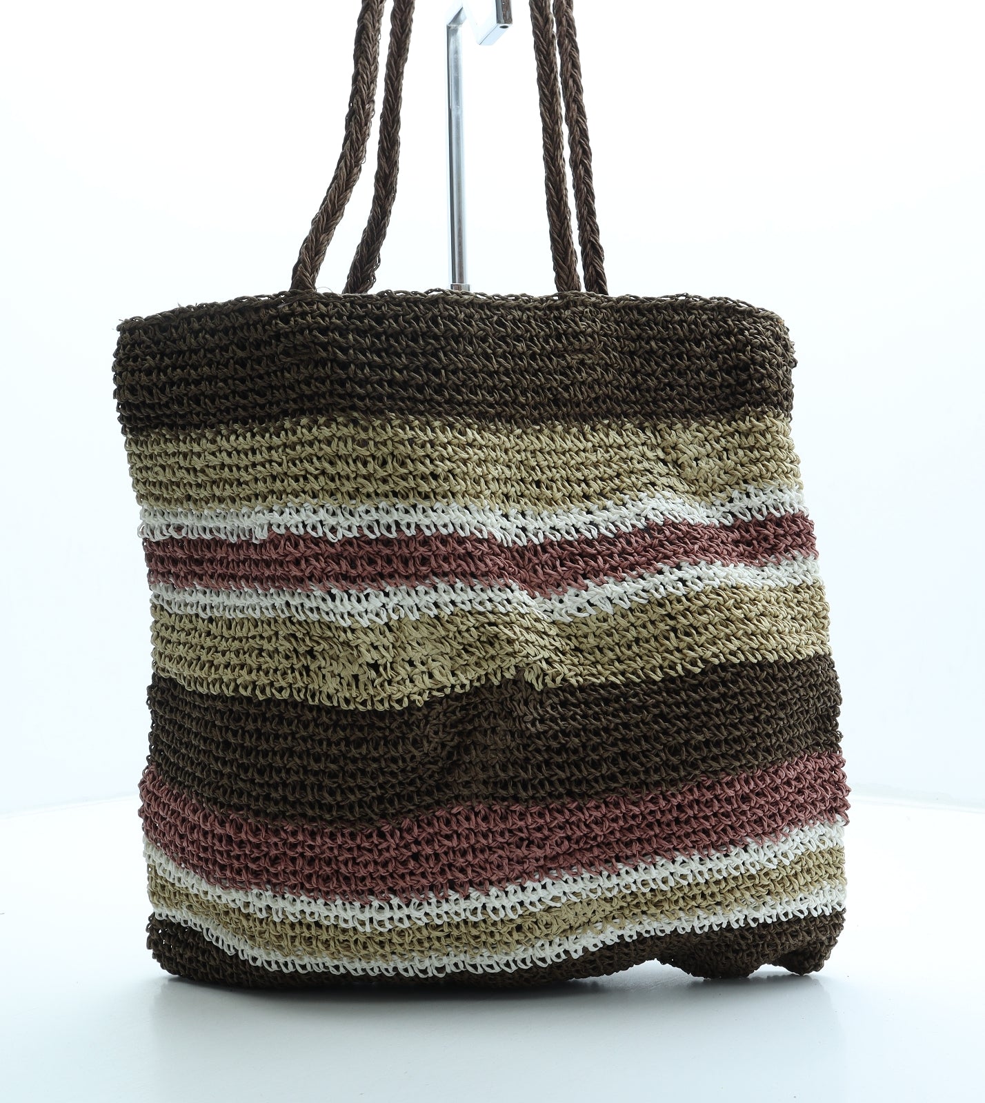 WBA Womens Brown Striped Straw Tote Size Medium