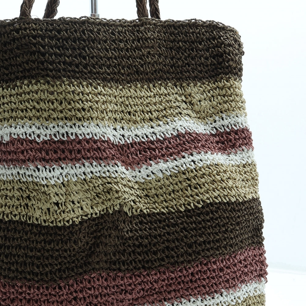 WBA Womens Brown Striped Straw Tote Size Medium