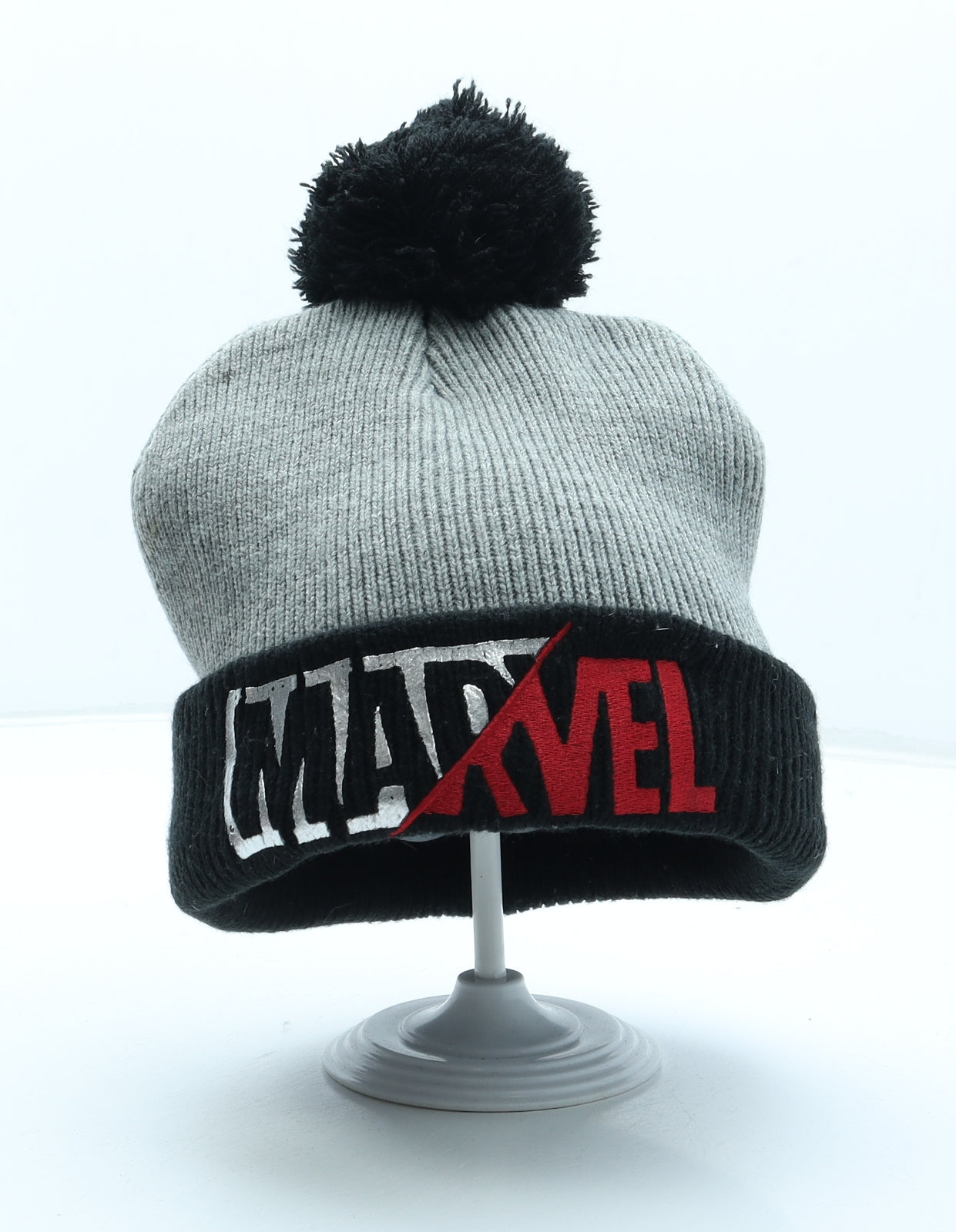 Primark Mens Black Acrylic Beanie Size M - Marvel Pom Pom