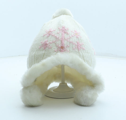 Preworn Girls White Geometric Acrylic Bonnet One Size - Pom Pom Snowflake