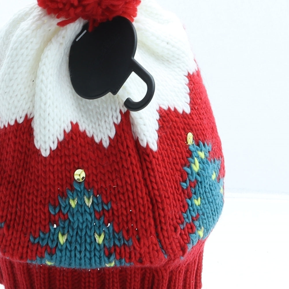 Peacocks Womens Red Fair Isle Acrylic Bobble Hat One Size - Christmas