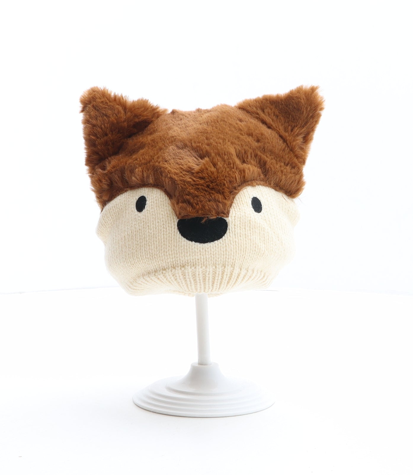 F&F Boys Brown Colourblock Acrylic Beanie One Size - Fox design.Size 3-6 months