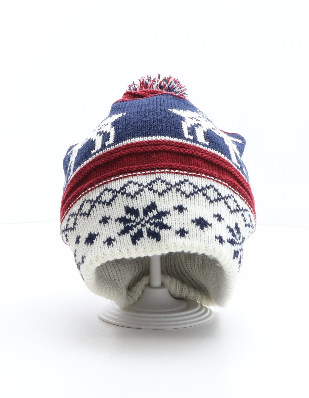 Tesco Mens Multicoloured Fair Isle Acrylic Beanie One Size - Reindeer Pattern, Pom Pom