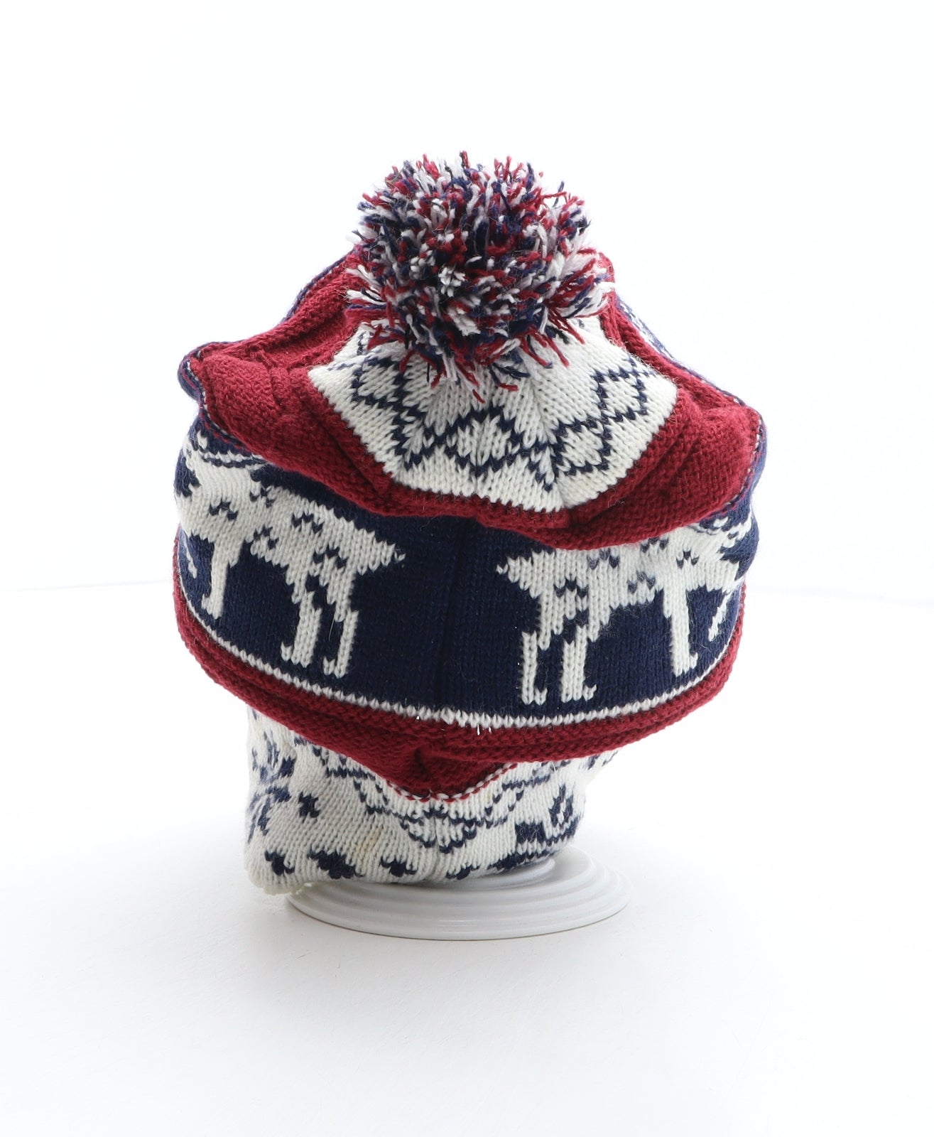 Tesco Mens Multicoloured Fair Isle Acrylic Beanie One Size - Reindeer Pattern, Pom Pom