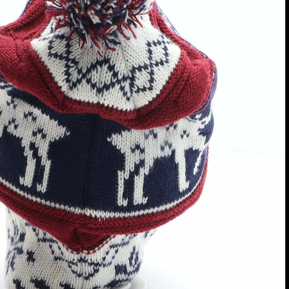 Tesco Mens Multicoloured Fair Isle Acrylic Beanie One Size - Reindeer Pattern, Pom Pom