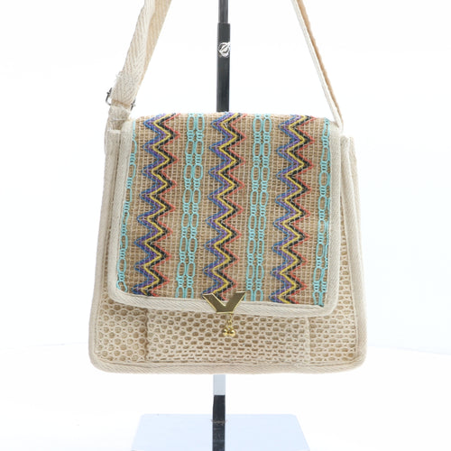 Preworn Womens Beige Geometric Polyester Crossbody Size Medium