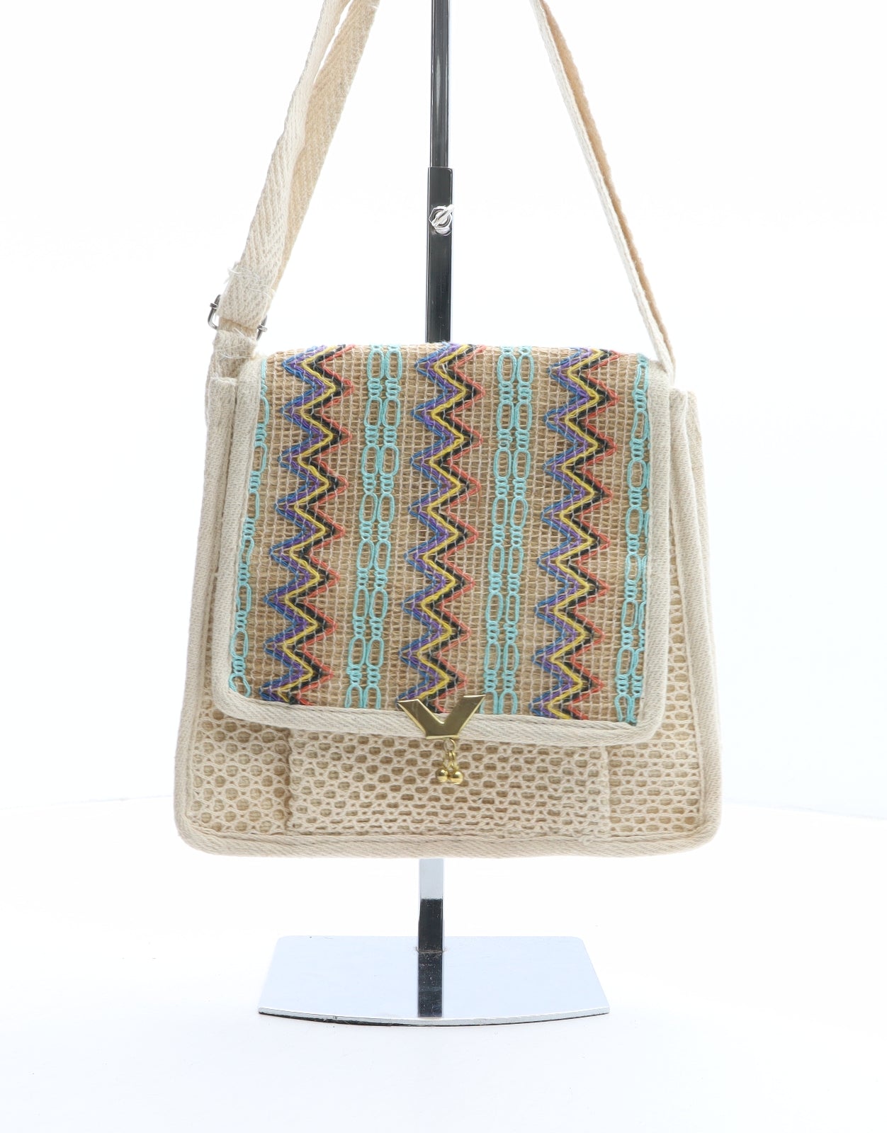 Preworn Womens Beige Geometric Polyester Crossbody Size Medium