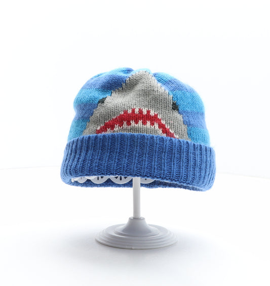 Preworn Boys Blue Striped Acrylic Beanie One Size - Shark Detail