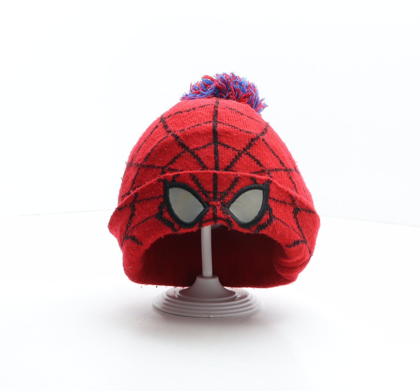 Tesco Boys Red Geometric Acrylic Bobble Hat One Size - Spiderman, Marvel, Reflective eyes, Spider web pattern