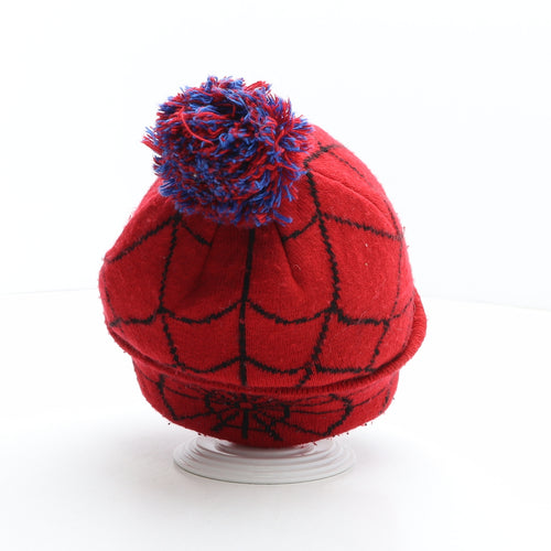 Tesco Boys Red Geometric Acrylic Bobble Hat One Size - Spiderman, Marvel, Reflective eyes, Spider web pattern