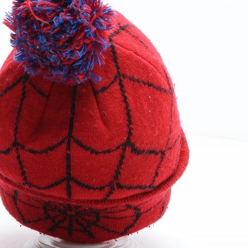 Tesco Boys Red Geometric Acrylic Bobble Hat One Size - Spiderman, Marvel, Reflective eyes, Spider web pattern