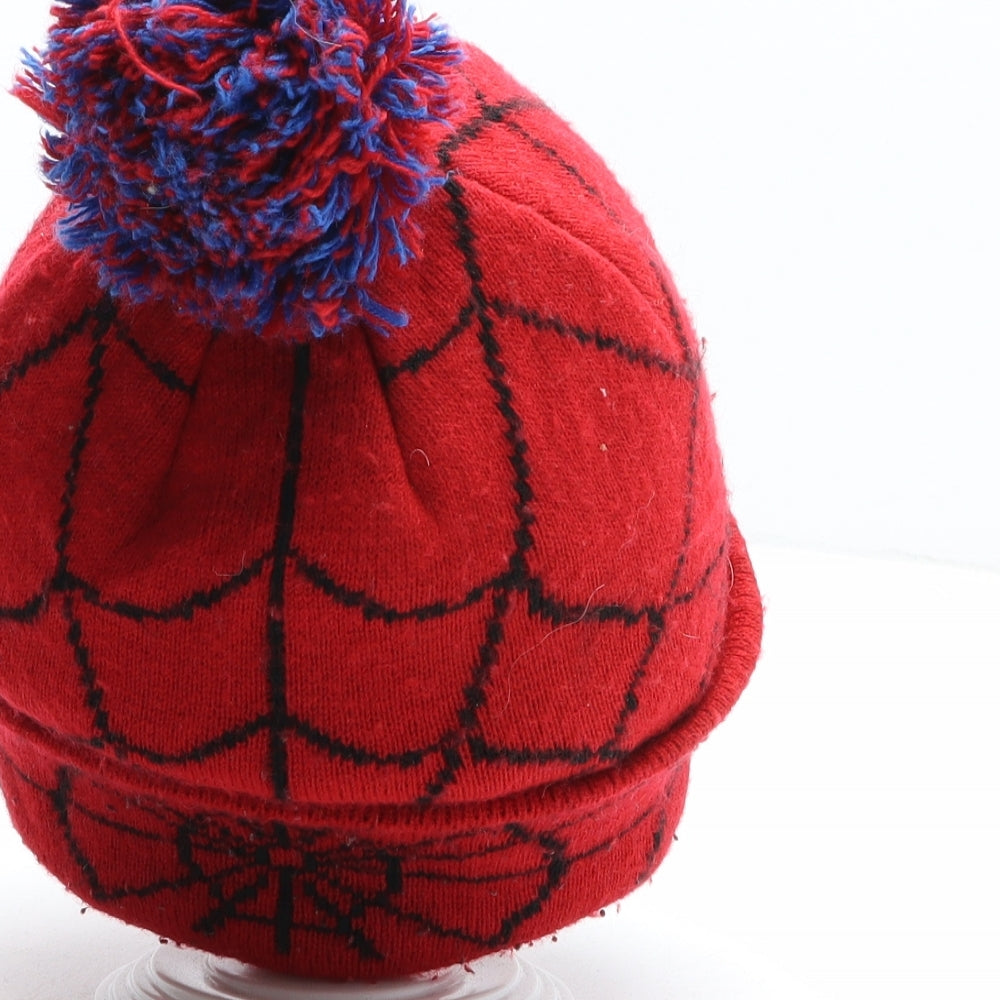 Tesco Boys Red Geometric Acrylic Bobble Hat One Size - Spiderman, Marvel, Reflective eyes, Spider web pattern
