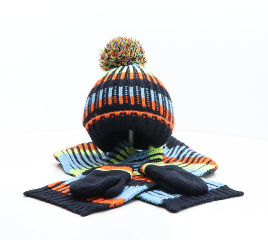 Preworn Boys Multicoloured Striped Acrylic Bobble Hat One Size - Scarf and Mittens included