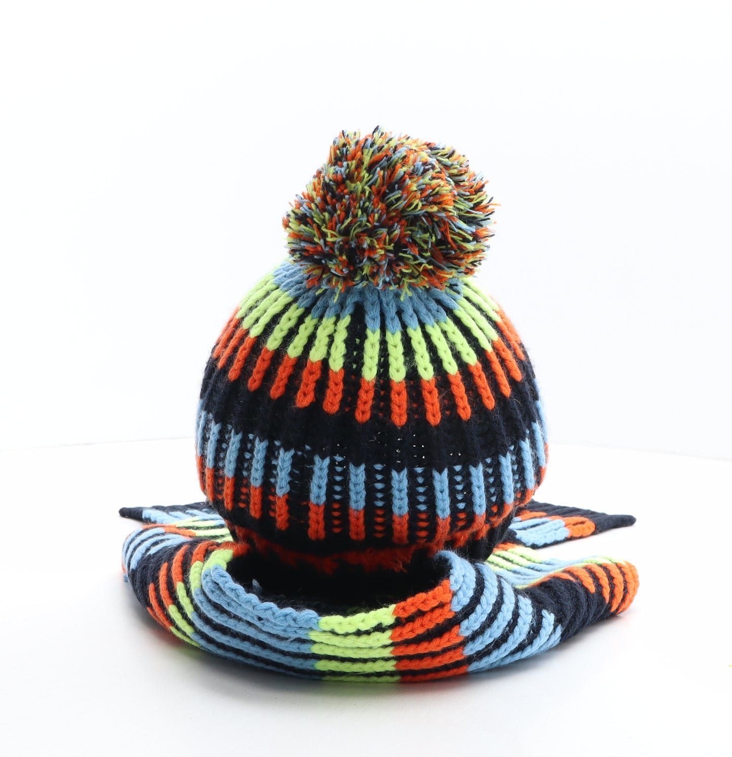 Preworn Boys Multicoloured Striped Acrylic Bobble Hat One Size - Scarf and Mittens included