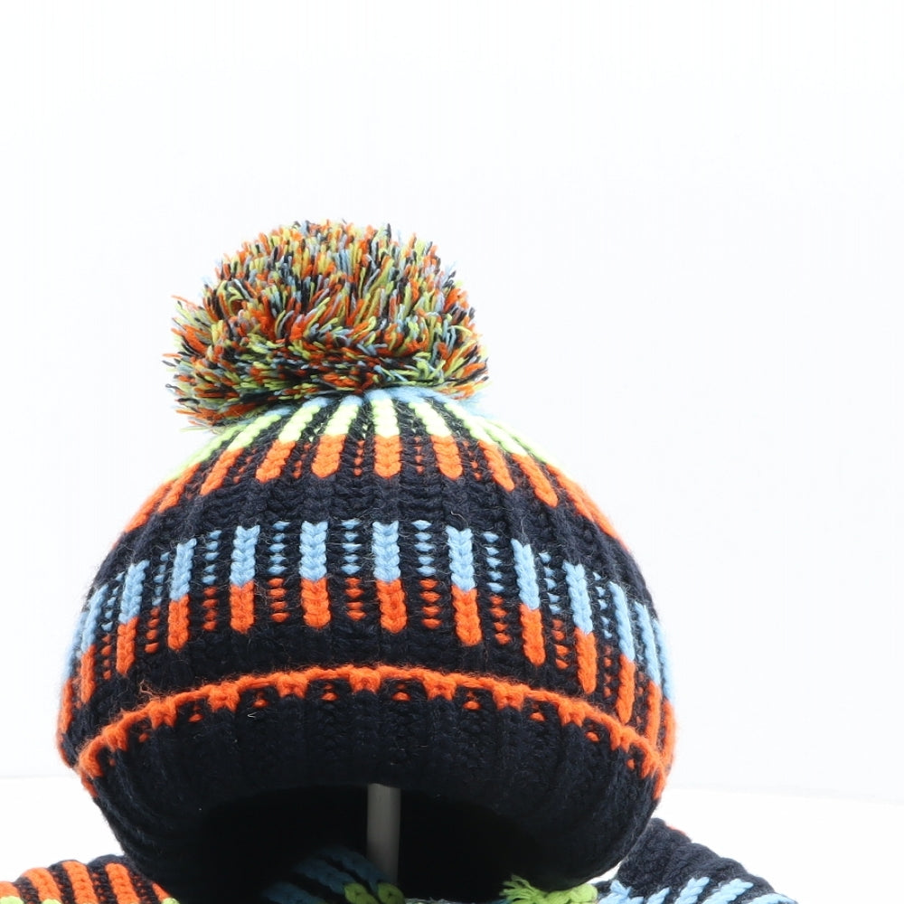 Preworn Boys Multicoloured Striped Acrylic Bobble Hat One Size - Scarf and Mittens included