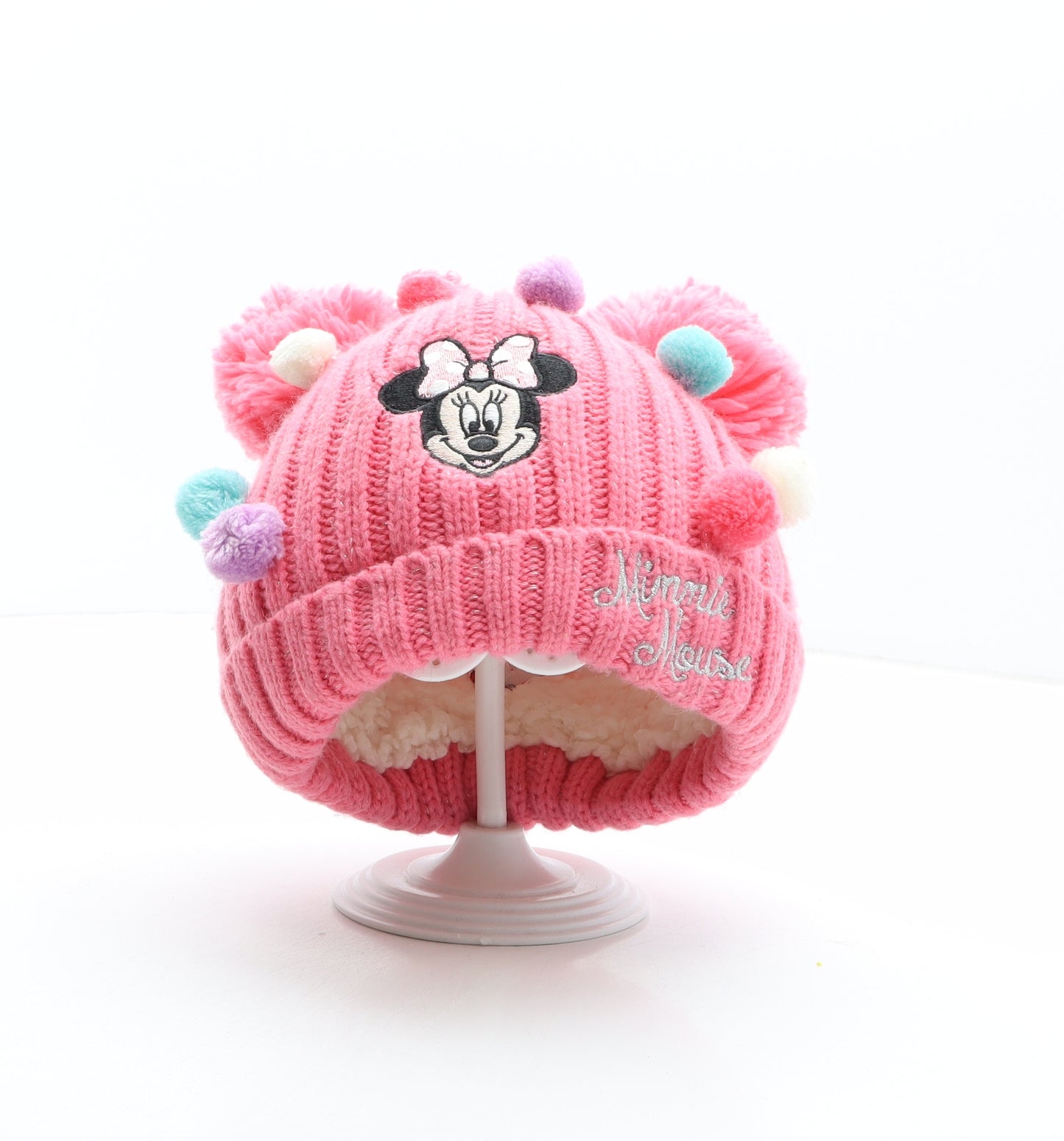 Matalan Girls Pink Acrylic Bobble Hat One Size - Minnie Mouse, Disney, Pom Poms