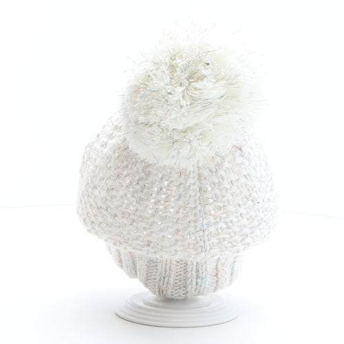 George Girls White Acrylic Bobble Hat One Size - Rainbow detail