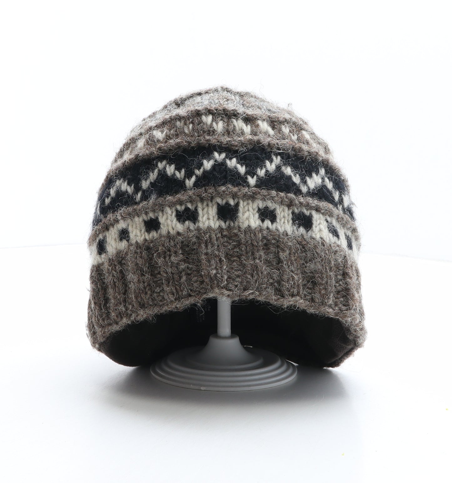 Mc Ron Mens Brown Fair Isle Wool Beanie Size L