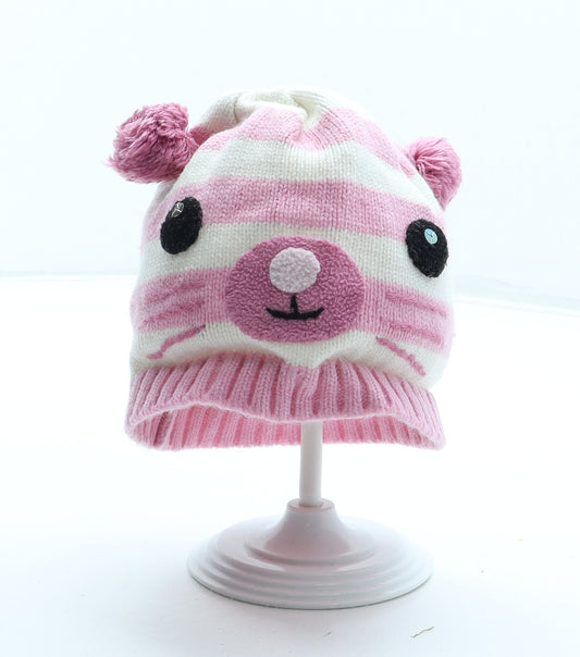 Preworn Girls Pink Striped Cotton Bobble Hat One Size - Cat