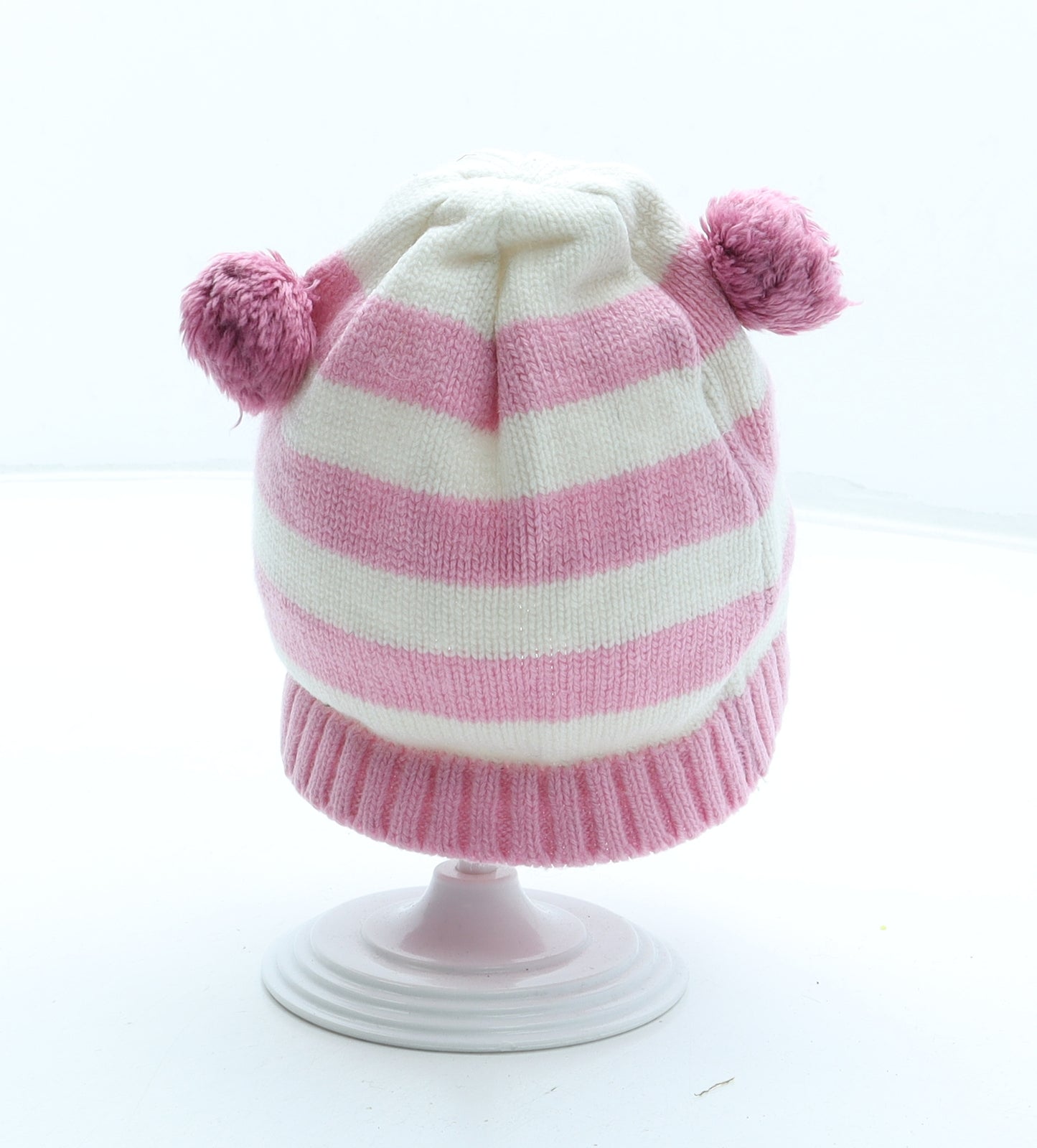 Preworn Girls Pink Striped Cotton Bobble Hat One Size - Cat