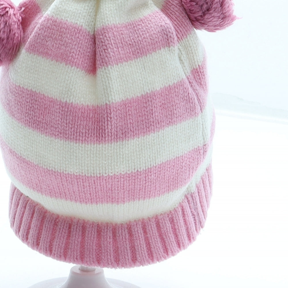 Preworn Girls Pink Striped Cotton Bobble Hat One Size - Cat