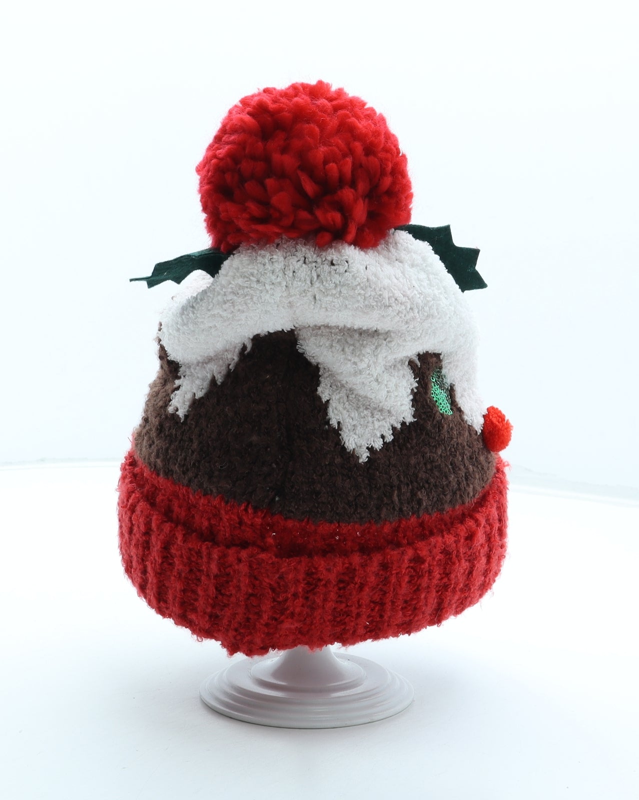 Primark Womens Multicoloured Geometric Polyester Bobble Hat One Size - Christmas Pudding