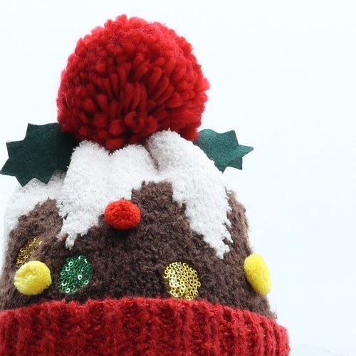 Primark Womens Multicoloured Geometric Polyester Bobble Hat One Size - Christmas Pudding