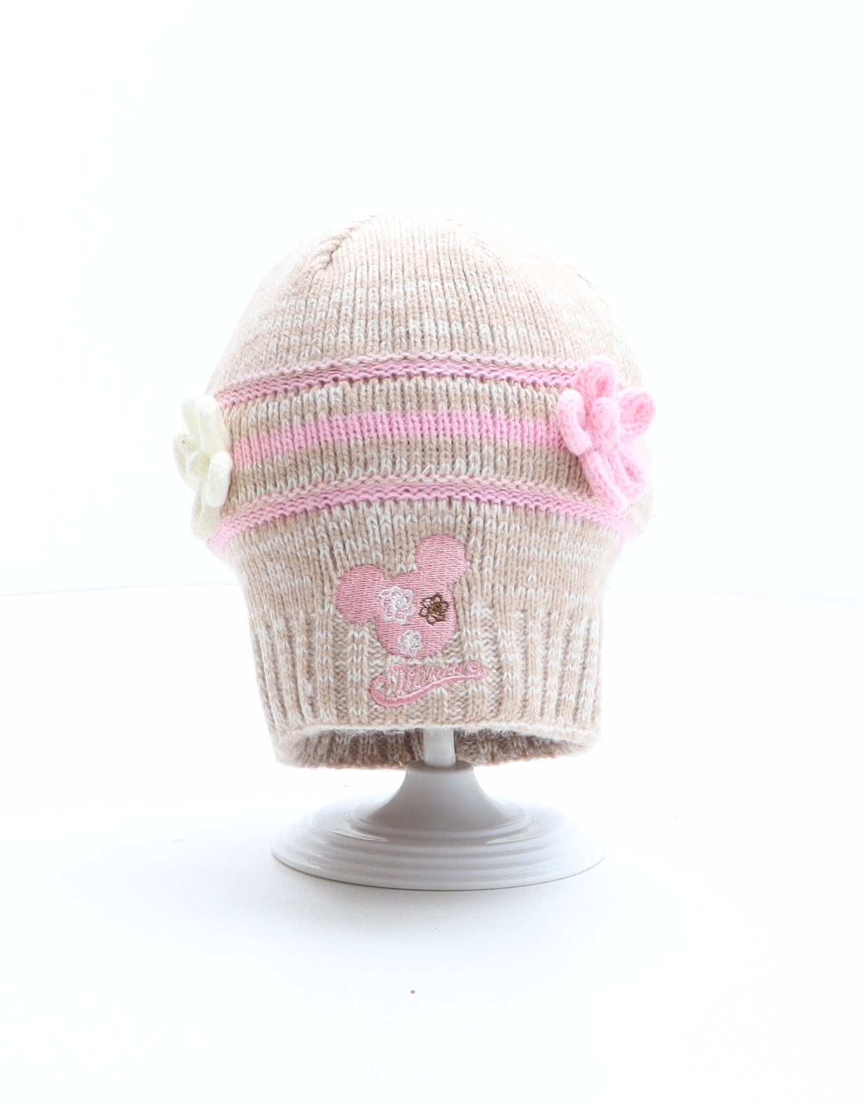 Preworn Girls Brown Striped Acrylic Beanie One Size - Minnie Mouse, Flower details