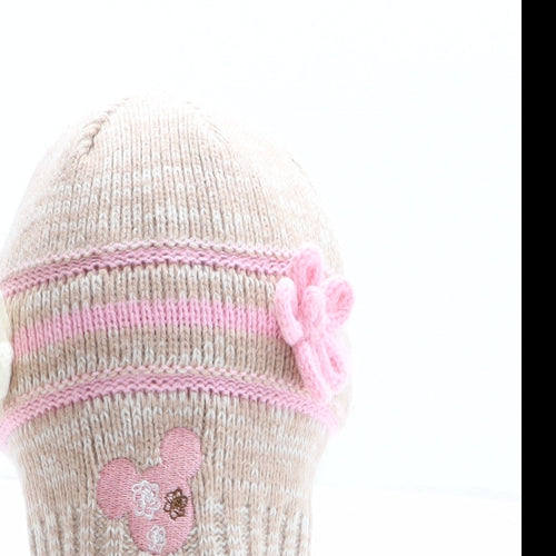 Preworn Girls Brown Striped Acrylic Beanie One Size - Minnie Mouse, Flower details