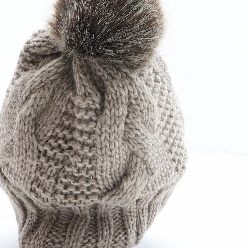 H&M Womens Beige Acrylic Bobble Hat One Size