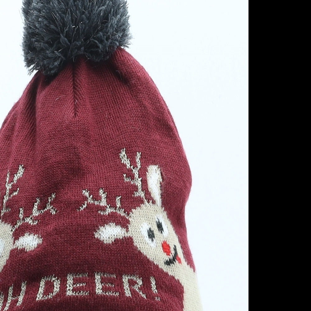 H&M Boys Red Acrylic Bobble Hat One Size - Reindeer Christmas