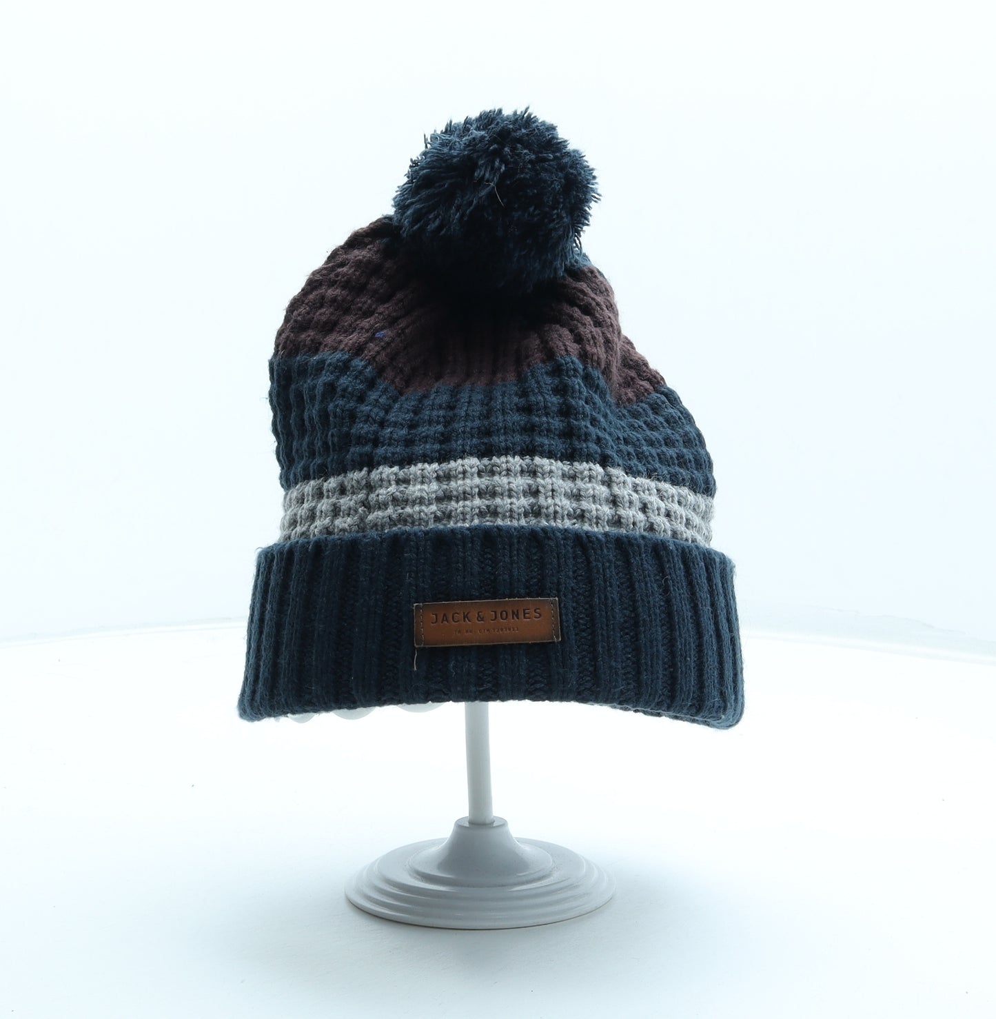 JACK & JONES Mens Multicoloured Striped Acrylic Beanie One Size - Pom Pom Logo