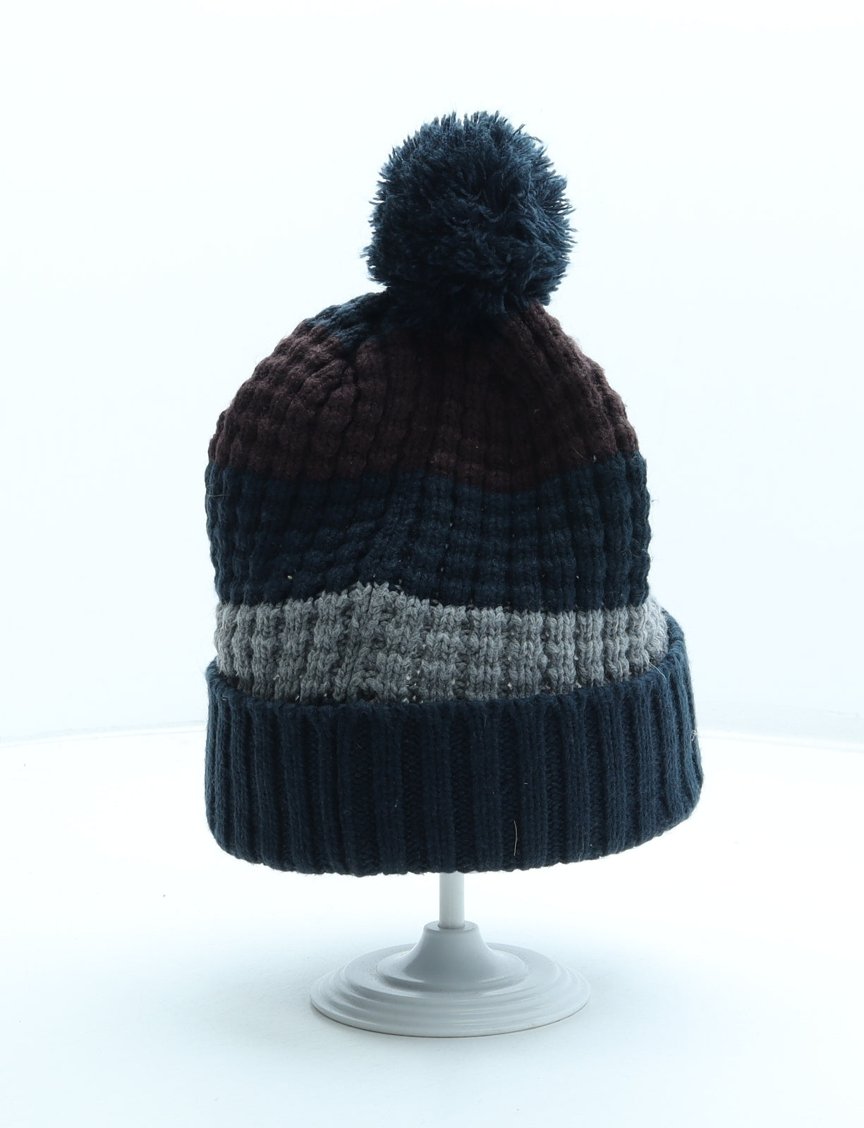 JACK & JONES Mens Multicoloured Striped Acrylic Beanie One Size - Pom Pom Logo