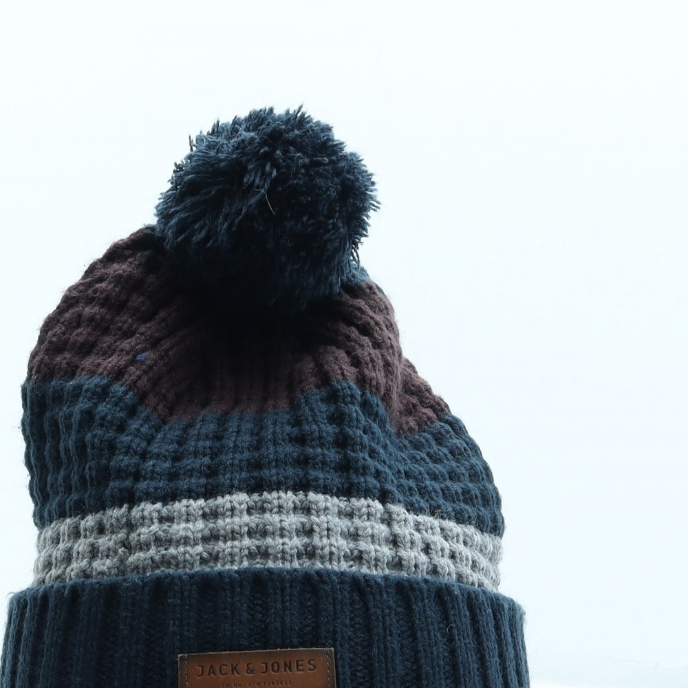 JACK & JONES Mens Multicoloured Striped Acrylic Beanie One Size - Pom Pom Logo