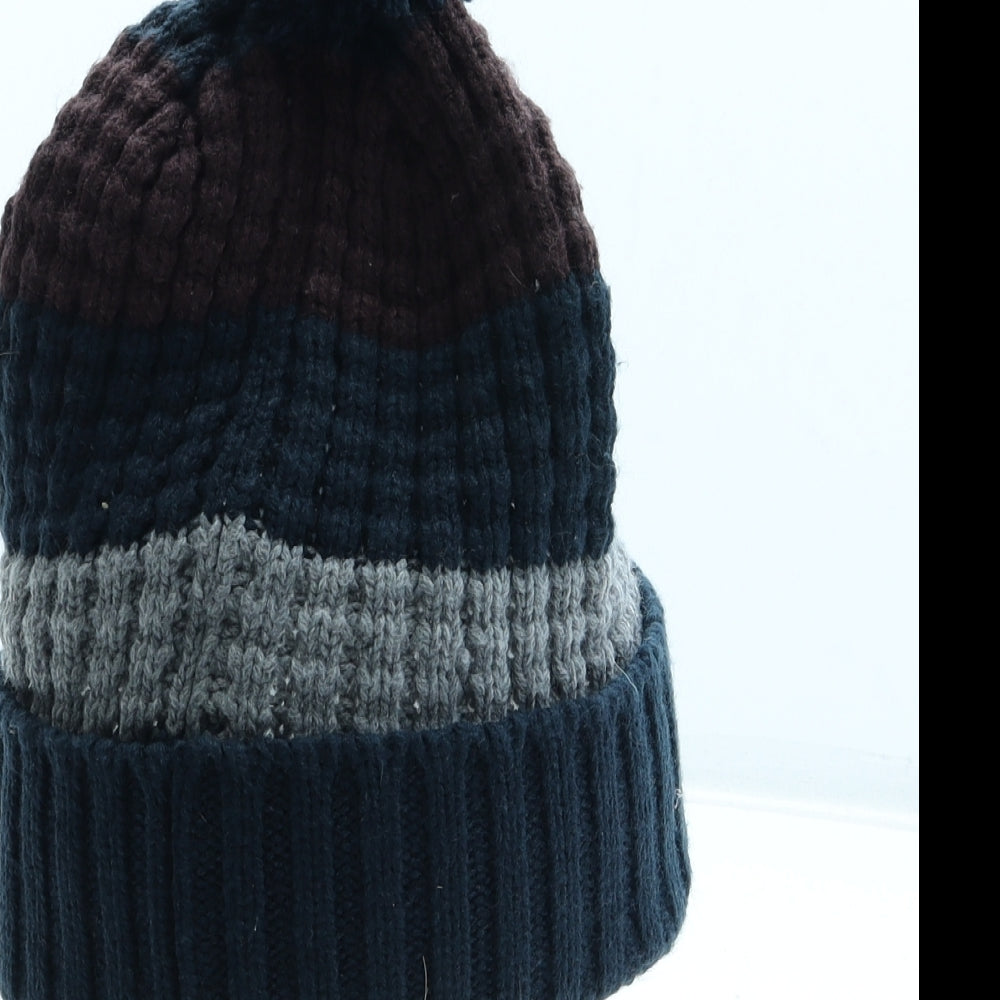 JACK & JONES Mens Multicoloured Striped Acrylic Beanie One Size - Pom Pom Logo