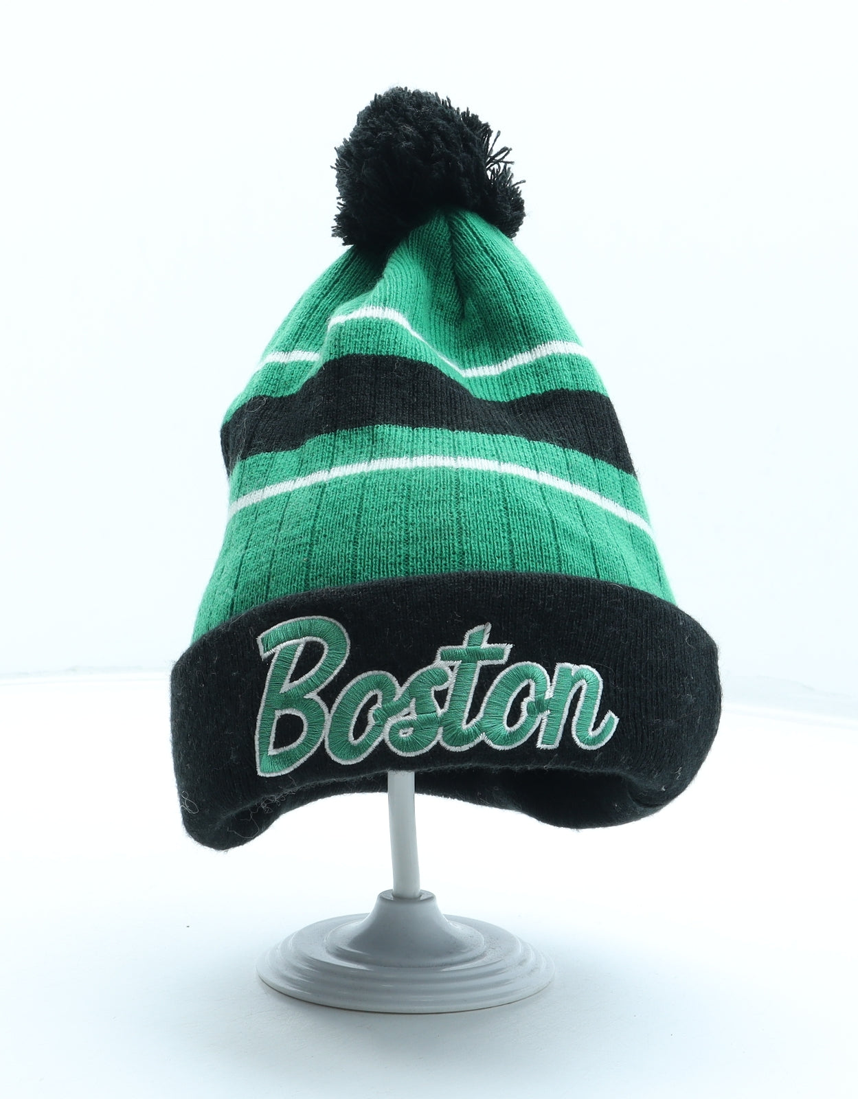 AIRWALK Mens Green Striped Acrylic Beanie One Size - Boston Pom Pom