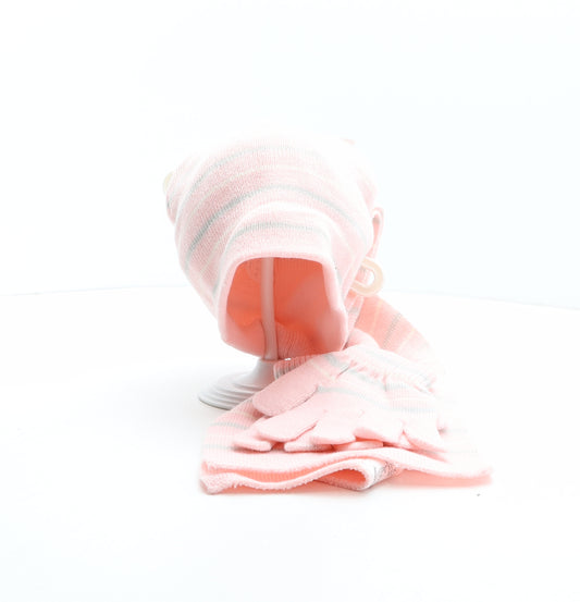 Enrico Pescatore Girls Pink Striped Acrylic Beanie One Size - Scarf and Gloves Included