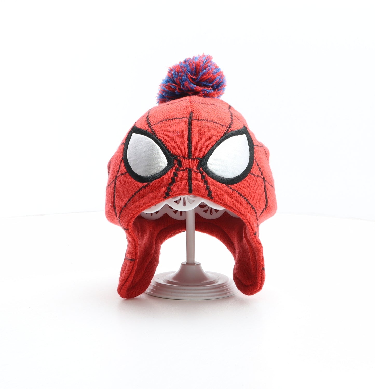 TU Boys Red Geometric Acrylic Bobble Hat One Size - Spiderman, Marvel, Reflective eyes, Spider web pattern