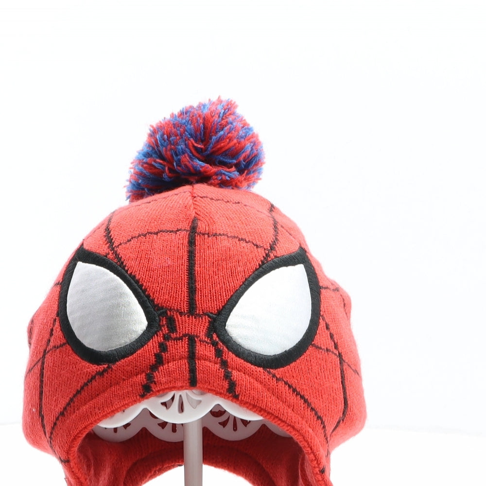 TU Boys Red Geometric Acrylic Bobble Hat One Size - Spiderman, Marvel, Reflective eyes, Spider web pattern