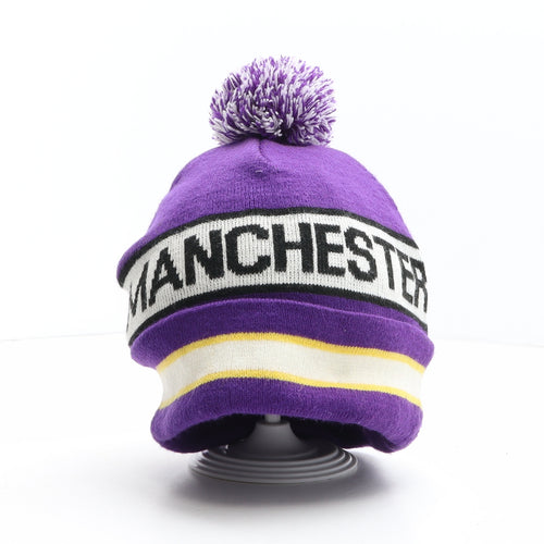 Manchester Mens Purple Striped Acrylic Beanie One Size - Manchester, Pom Pom