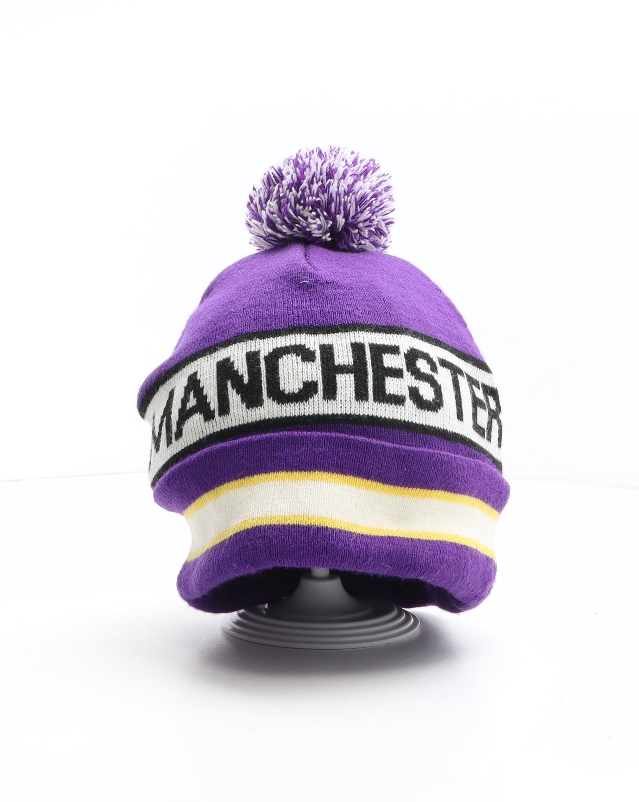 Manchester Mens Purple Striped Acrylic Beanie One Size - Manchester, Pom Pom