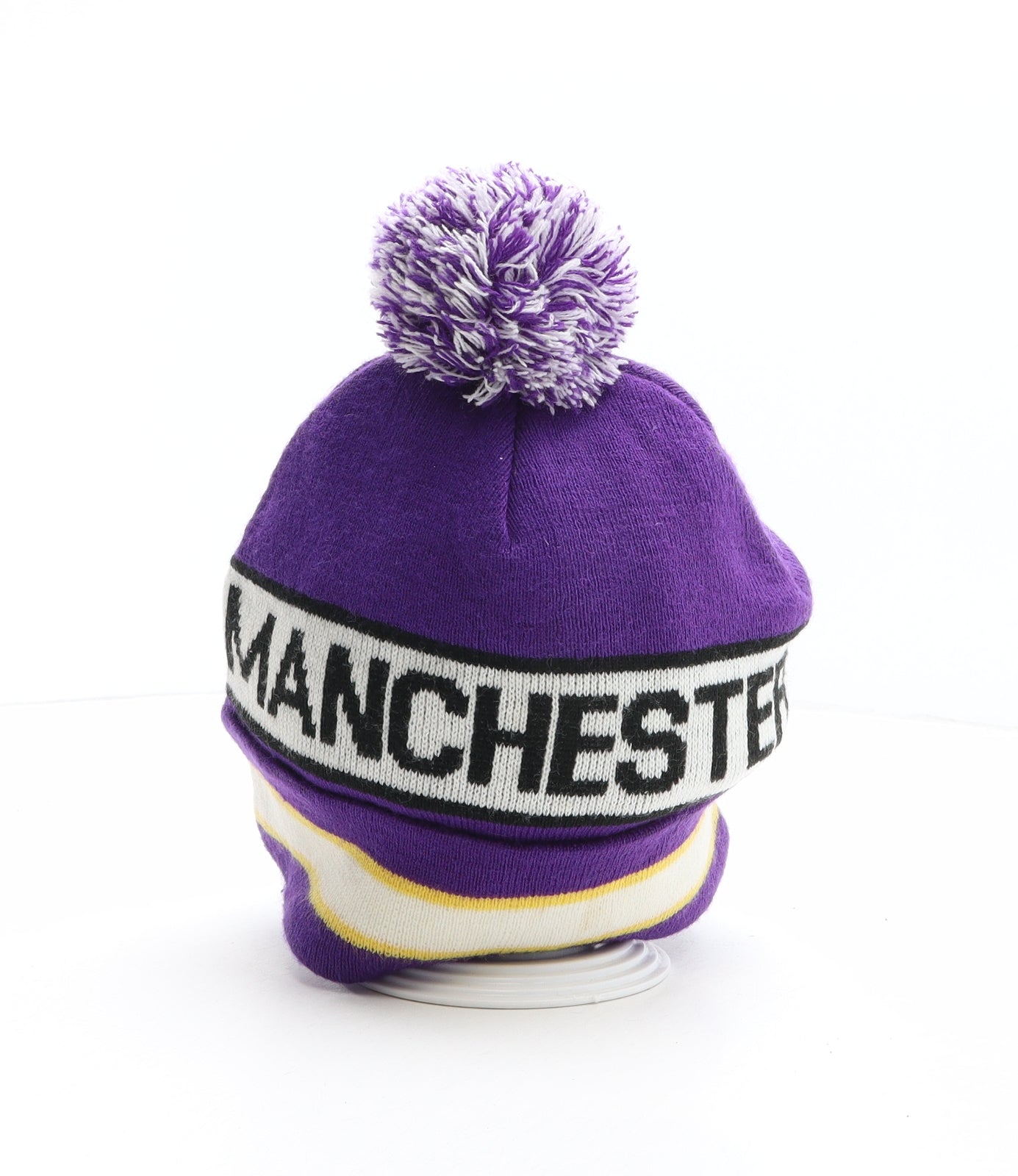 Manchester Mens Purple Striped Acrylic Beanie One Size - Manchester, Pom Pom