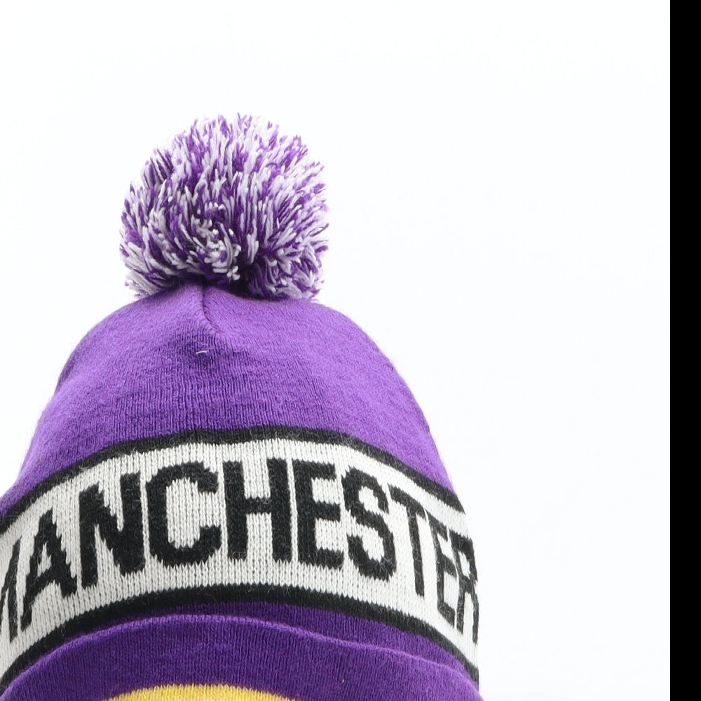 Manchester Mens Purple Striped Acrylic Beanie One Size - Manchester, Pom Pom
