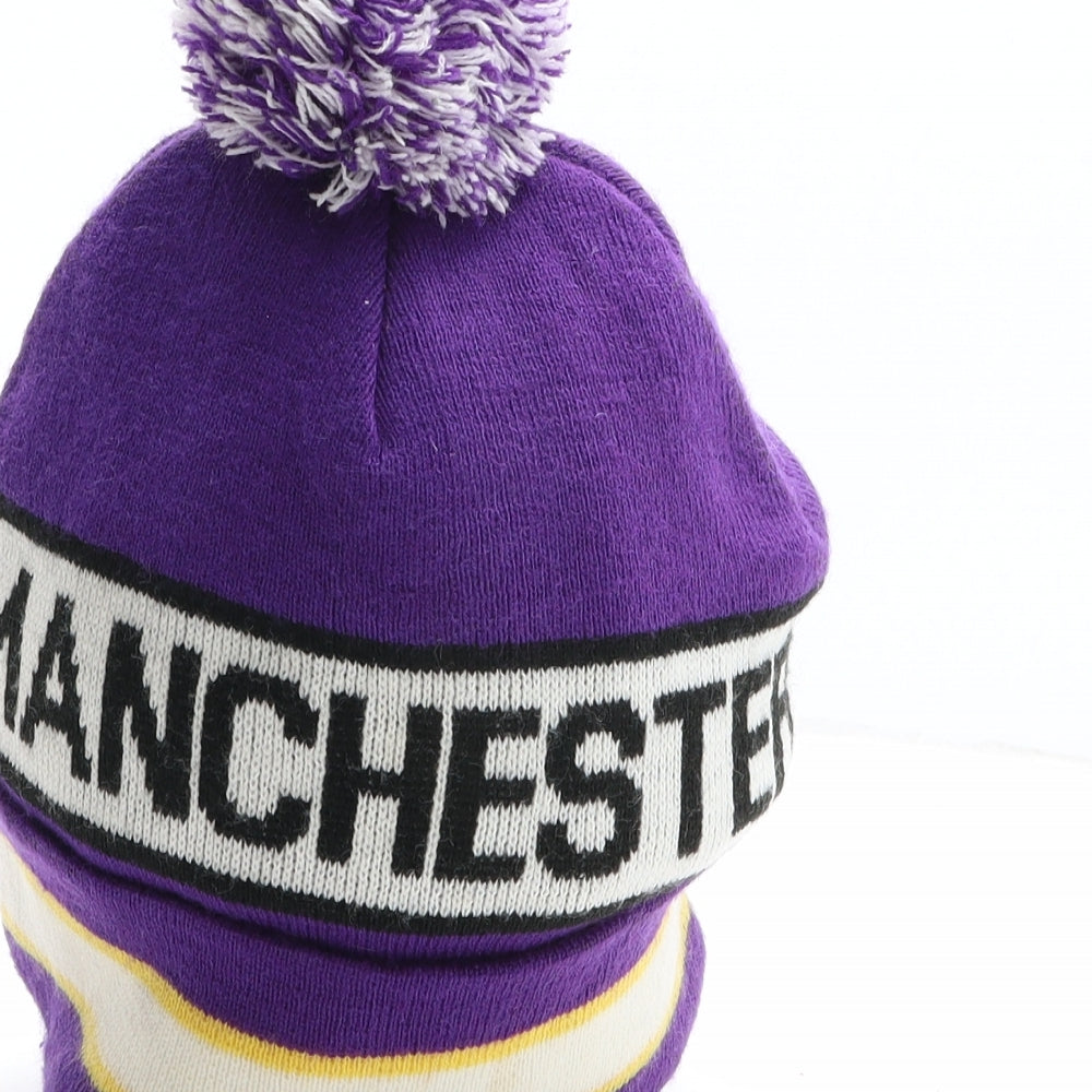 Manchester Mens Purple Striped Acrylic Beanie One Size - Manchester, Pom Pom