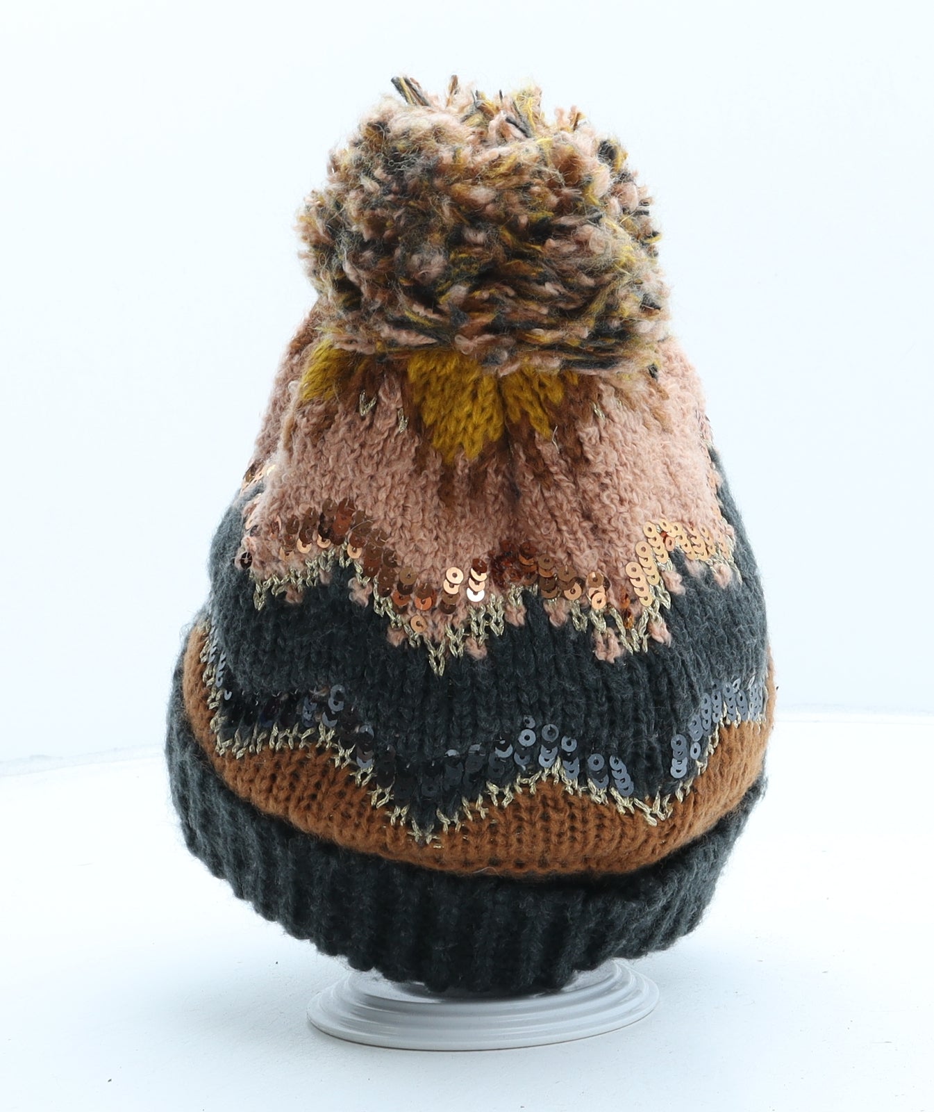 Zara Womens Brown Fair Isle Polyester Bobble Hat One Size