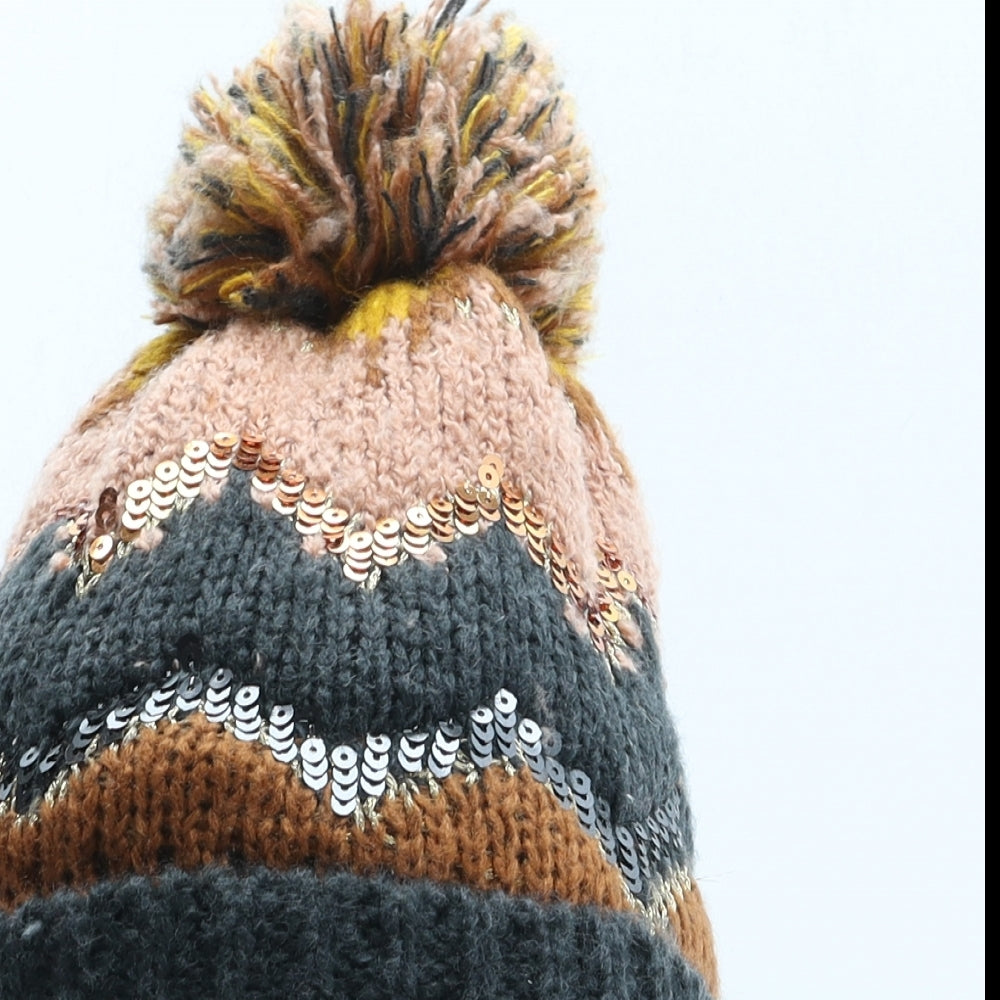 Zara Womens Brown Fair Isle Polyester Bobble Hat One Size