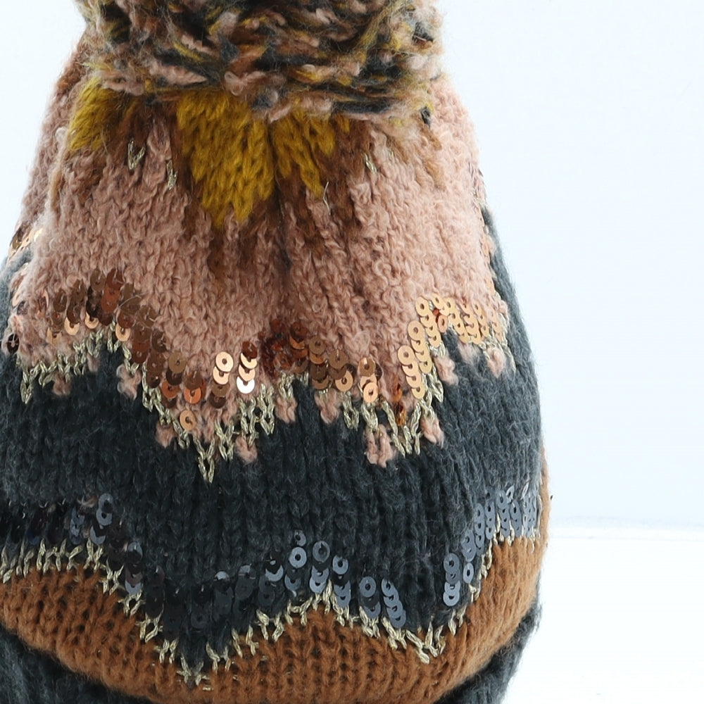 Zara Womens Brown Fair Isle Polyester Bobble Hat One Size