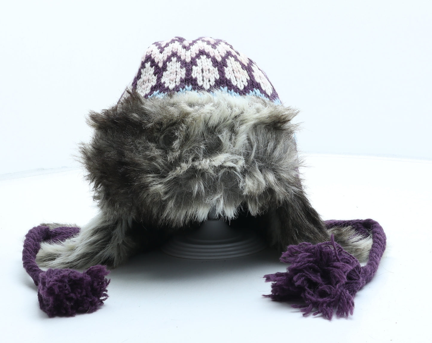 Fat Face Womens Purple Fair Isle Acrylic Trapper Hat Size M