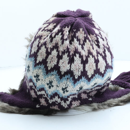 Fat Face Womens Purple Fair Isle Acrylic Trapper Hat Size M